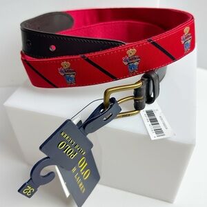 New Men's Ralph Lauren Red Holiday Polo Bear Black Leather Ribbon Belt Size 32
